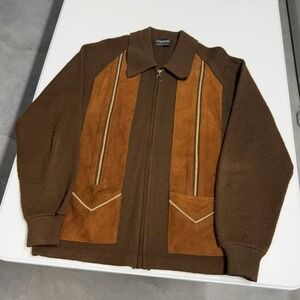 Vintage 60s Challenger Brown Orlon Knit Suede Leather Panel Full Zip Jacket XL